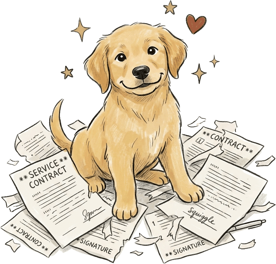a happy playful puppy torn contract papers into pieces!