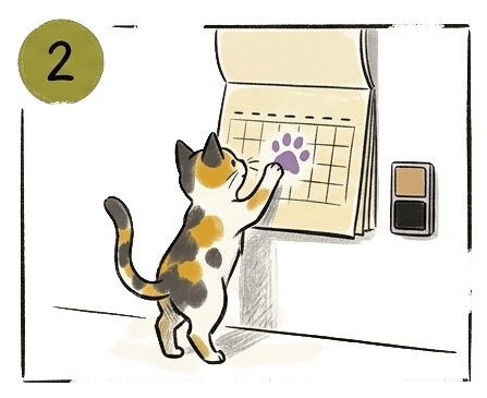a cute smart kitten marks schedule on a wall calendar