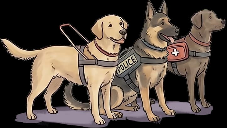 3 servcie dogs, a guide dog, a police dog and an assistance dog standing side by side looking ahead