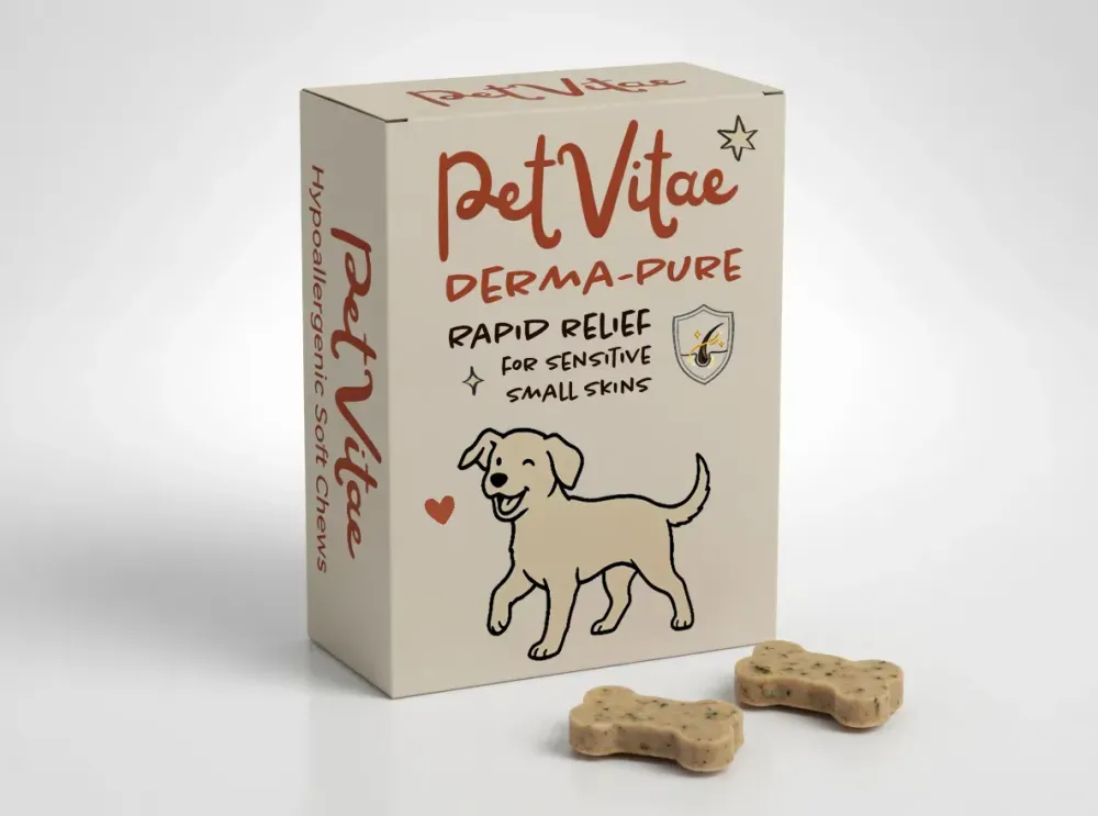 A box of Derma-Pure soft chews box for smaller dogs, with 2 chews opened, outside of the box on the table - Main image